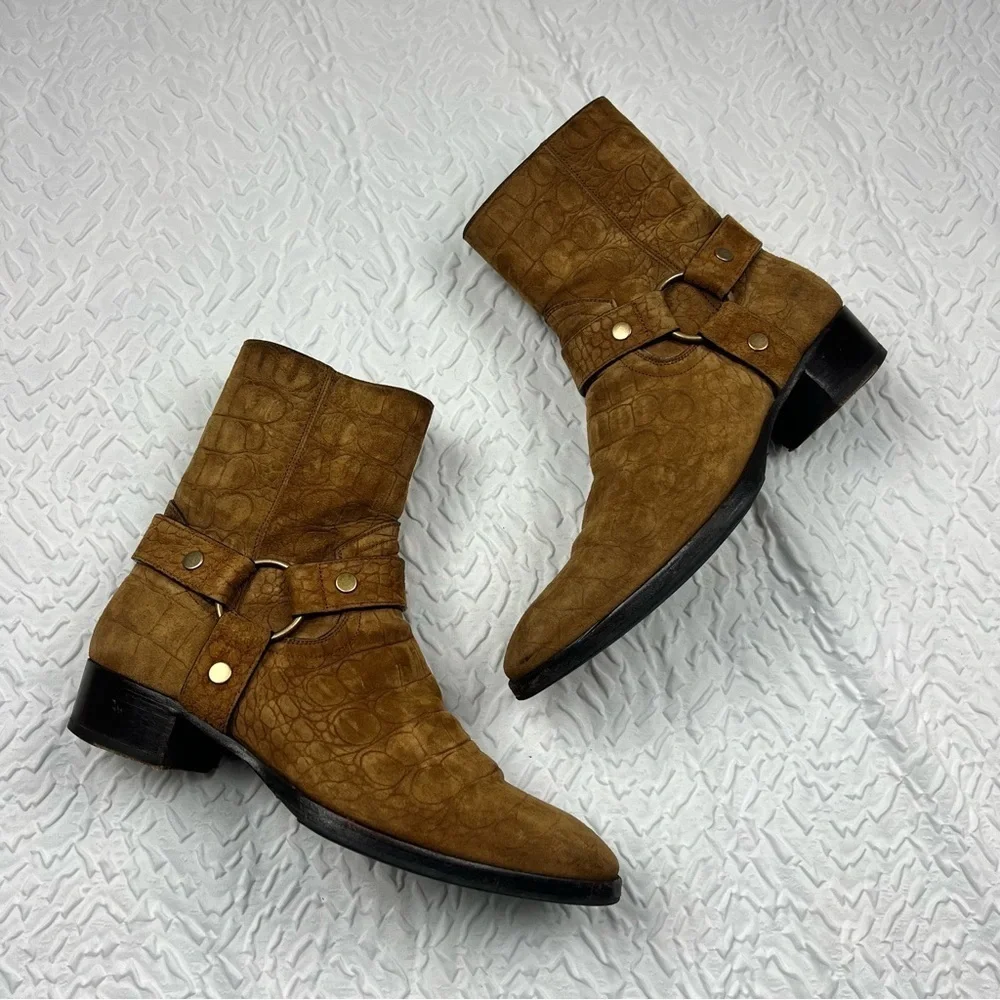 Saint Laurent Men's Wyatt Croc Embossed Harness Boots